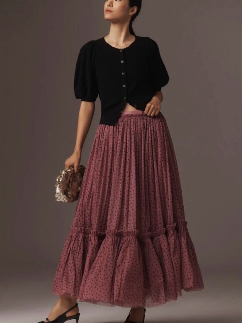 Maeve Anthropologie Purple Polka Dot Tulle Tiered Maxi Skirt Large